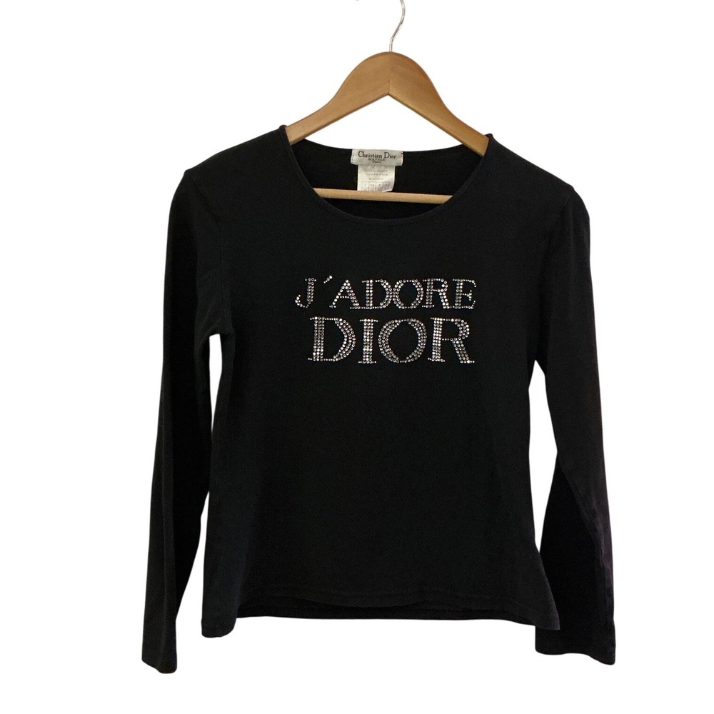 Vintage Y2K J'Adore Dior Size 8 John Galliano Black Tee Shirt Rhinestones 2000s
